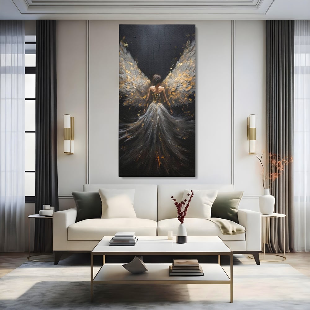 Tablou canvas cu tablou canvas cu inger si aripi, fara rama, pe sasiu de lemn, pe perete intr-un living
